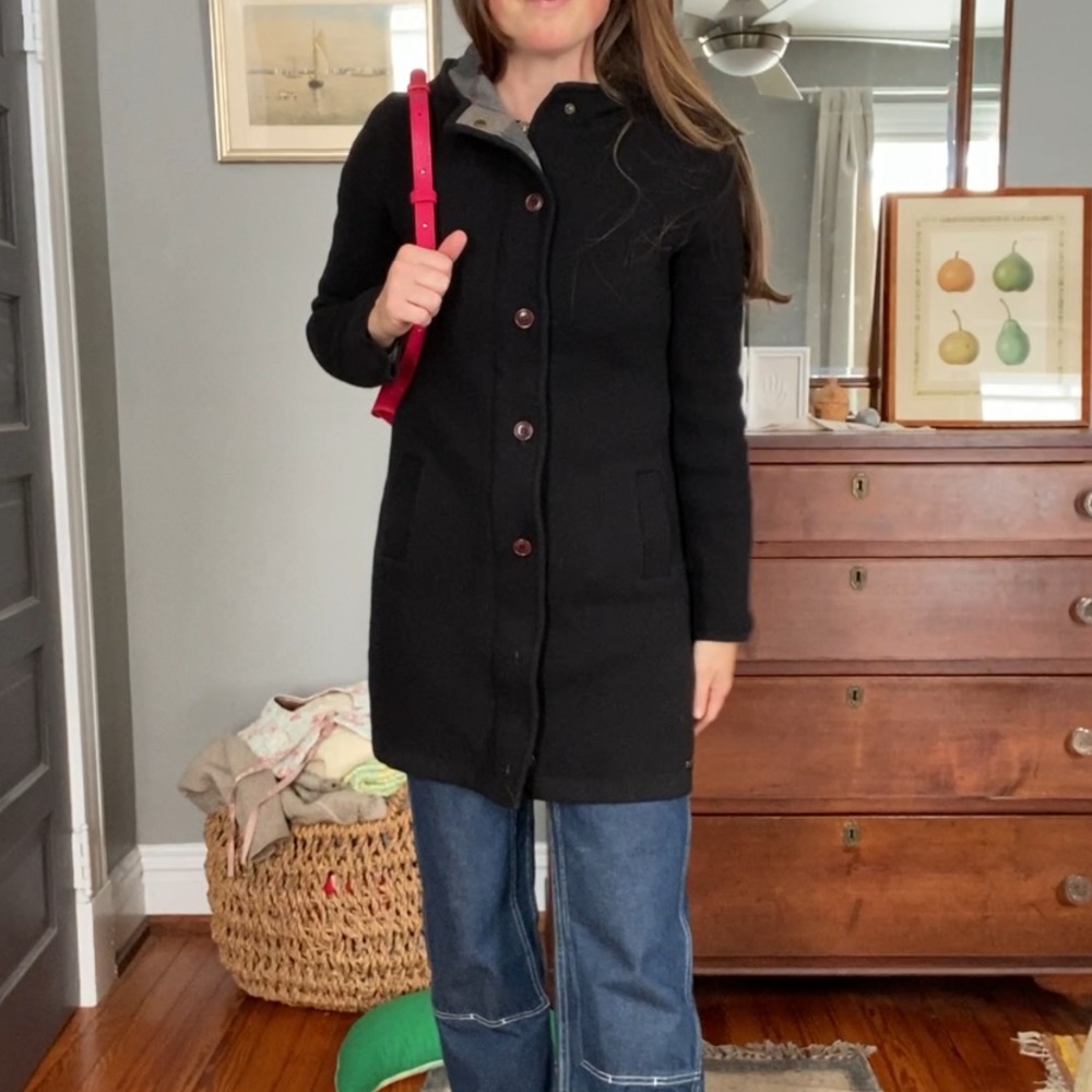 Barbour coat size 6 lambswool blend, black with zipper, buttons, and hood